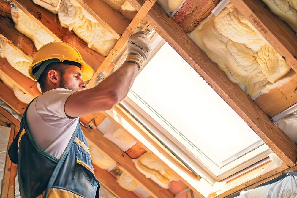 a construction worker installing an attic window to a house from inside