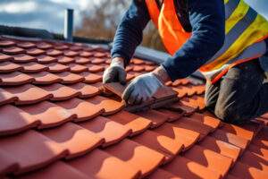 construction worker hands working on roof tiles installation closeup