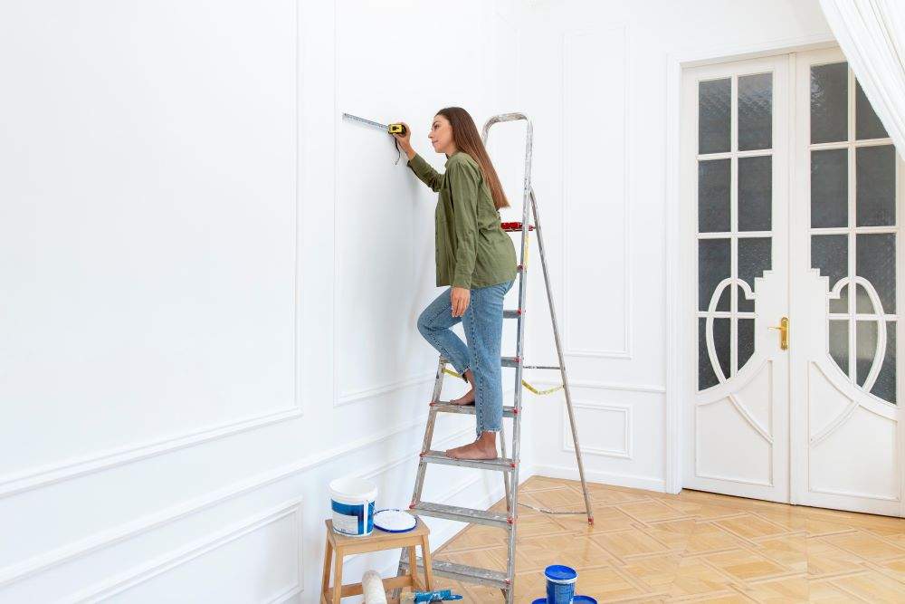 full shot woman standing ladder