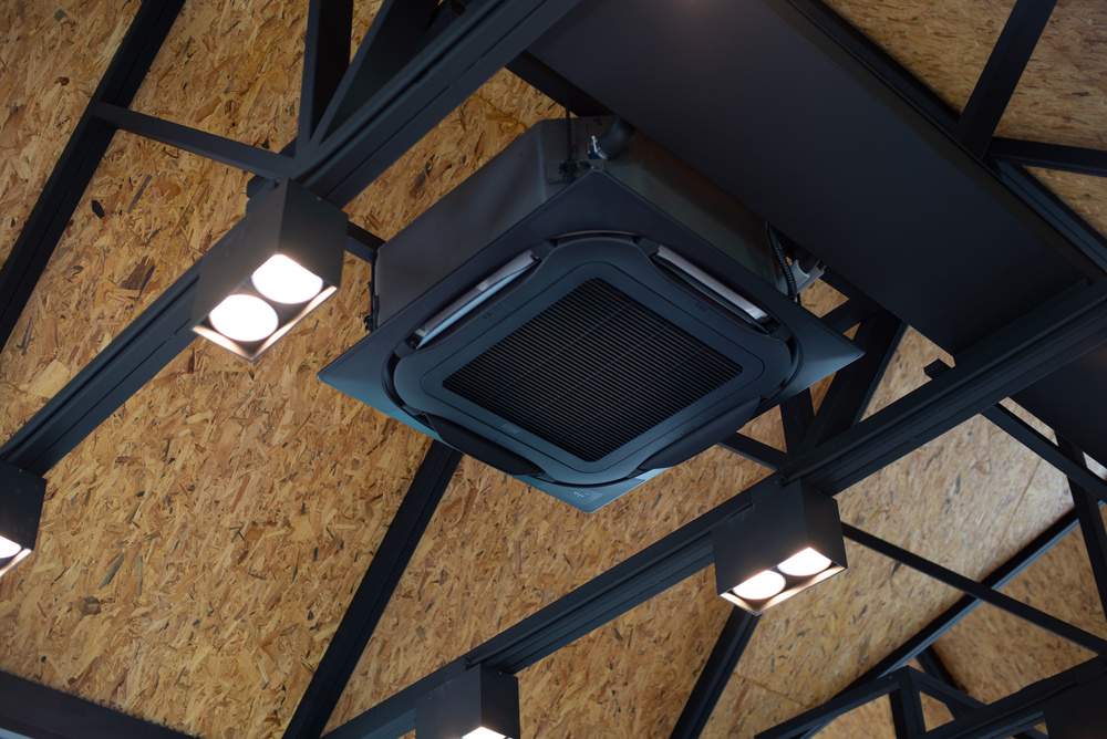 new black air conditioning vent on ceiling modern restaurant inside background modern heavy ceiling air conditioner decoration in loft style office cassette type air conditioner close up