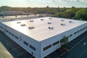seamless white pvc commercial flat roof of factory summer day aerial high view generative