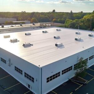 seamless white pvc commercial flat roof of factory summer day aerial high view generative